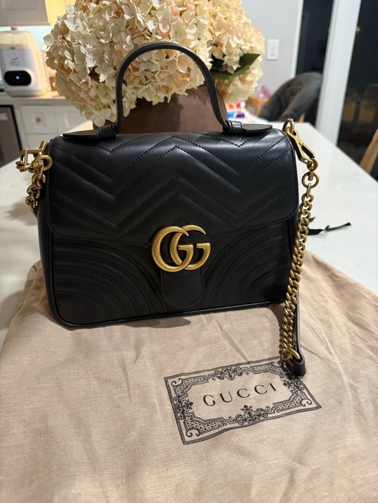 Gucci Handbags - Gucci Black Quilted GG Marmont Top Handle Satchel with Gold Hardware